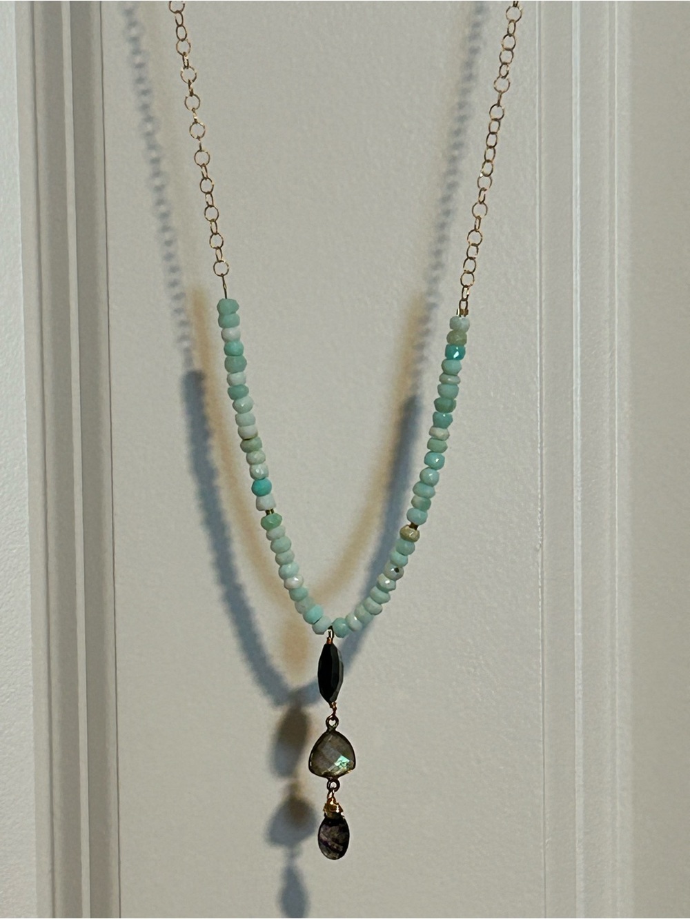Aqua Beaded Necklace with Faceted Multi-Stone Drop Pendant
